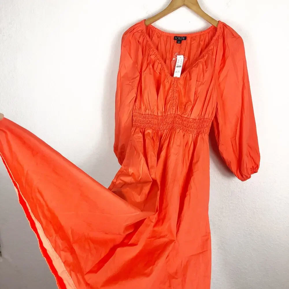 NWT J. CREW Orange Cotton Poplin V Neck Smocked Waist Midi Dress Size XS Boho